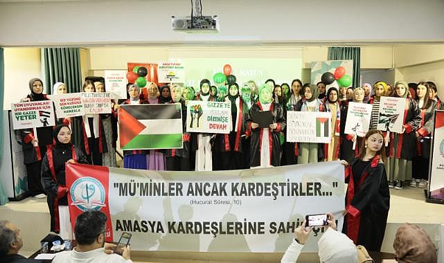 Amasya'da lise öğrencilerinden mezuniyet töreninde Filistin'e destek, İsrail'e protesto